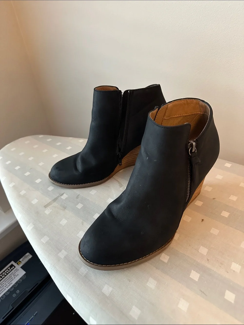 Black Wedge Ankle Booties with Side Zip as 8.5